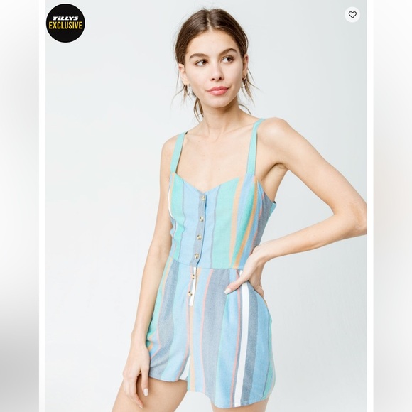 Patrons of Peace Women’s Striped Sweetheart Tie Back Shorts Romper Button Front - Picture 2 of 12